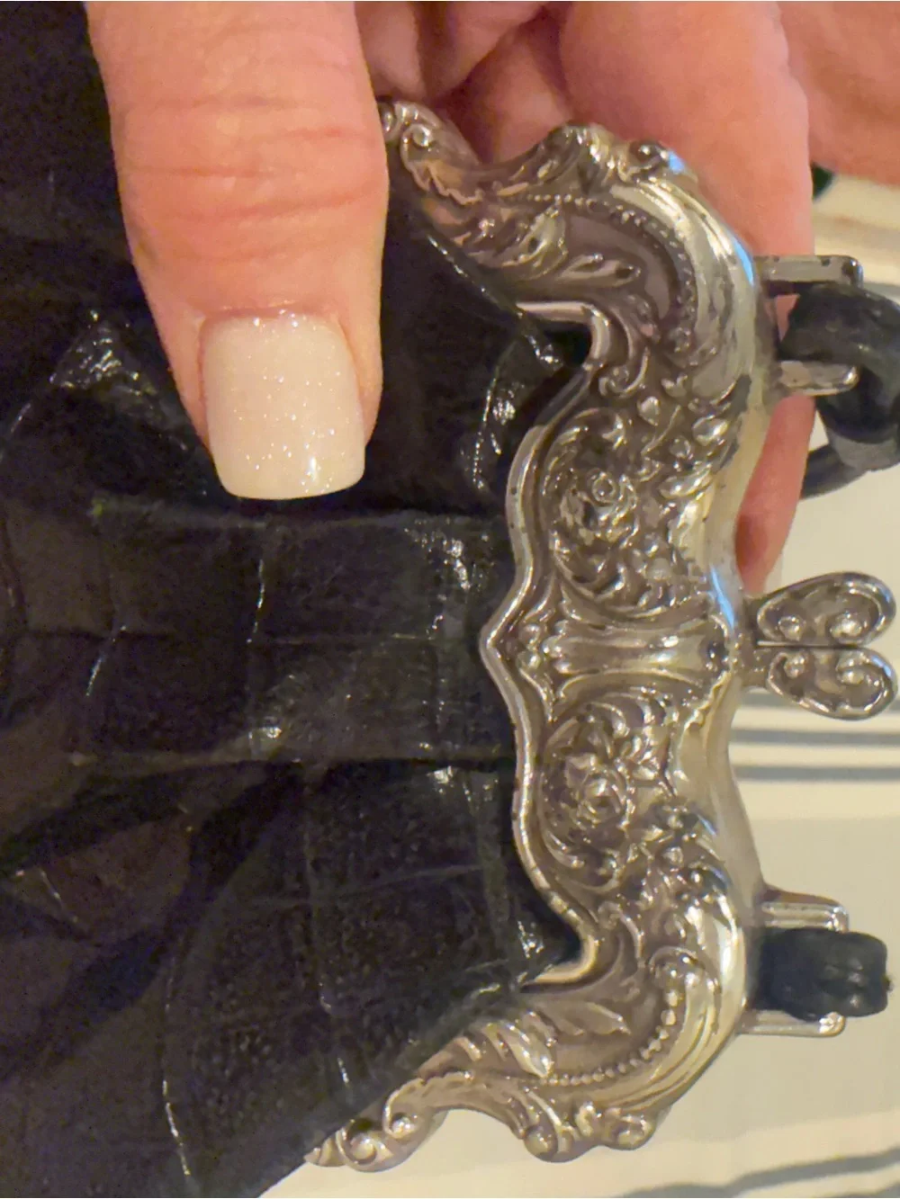 Brighton Black Croc-Embossed Wristlet with Ornate Silver Frame